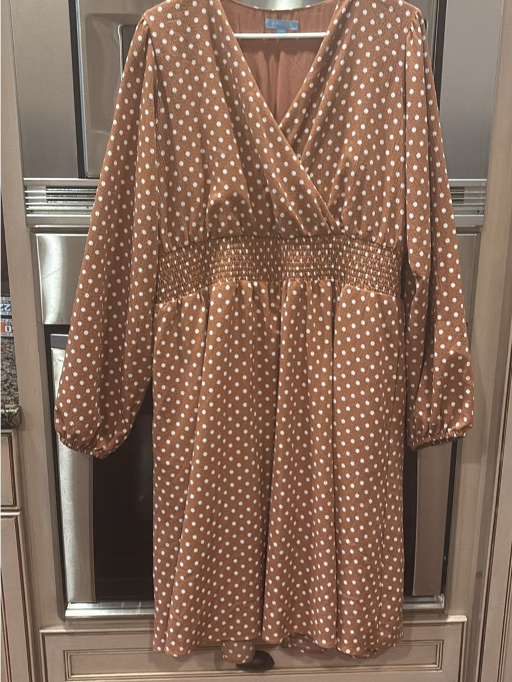Draper James Rust Polka Dot Smocked Waist Long Sleeve Dress